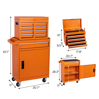 Tool Chest, 5-Drawer Rolling Tool Storage Cabinet with Detachable Top Tool Box, Liner, Universal Lockable Wheels, Adjustable She