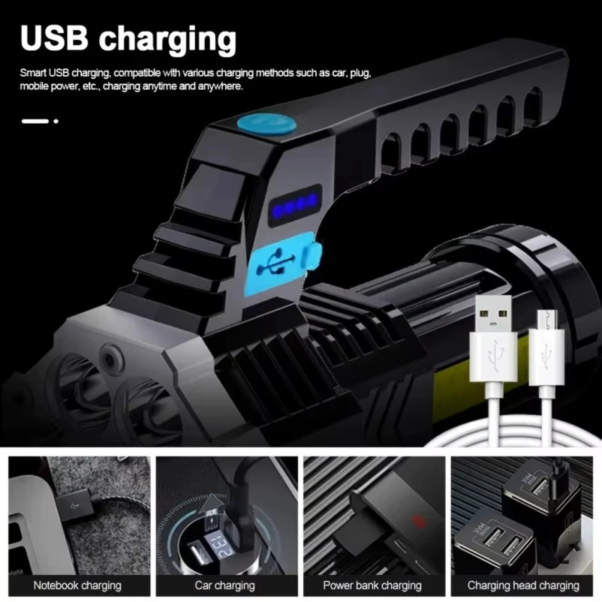 7LED High-Power Flashlight With USB Charging COB Side Light - Suitable For Portable Flashlights