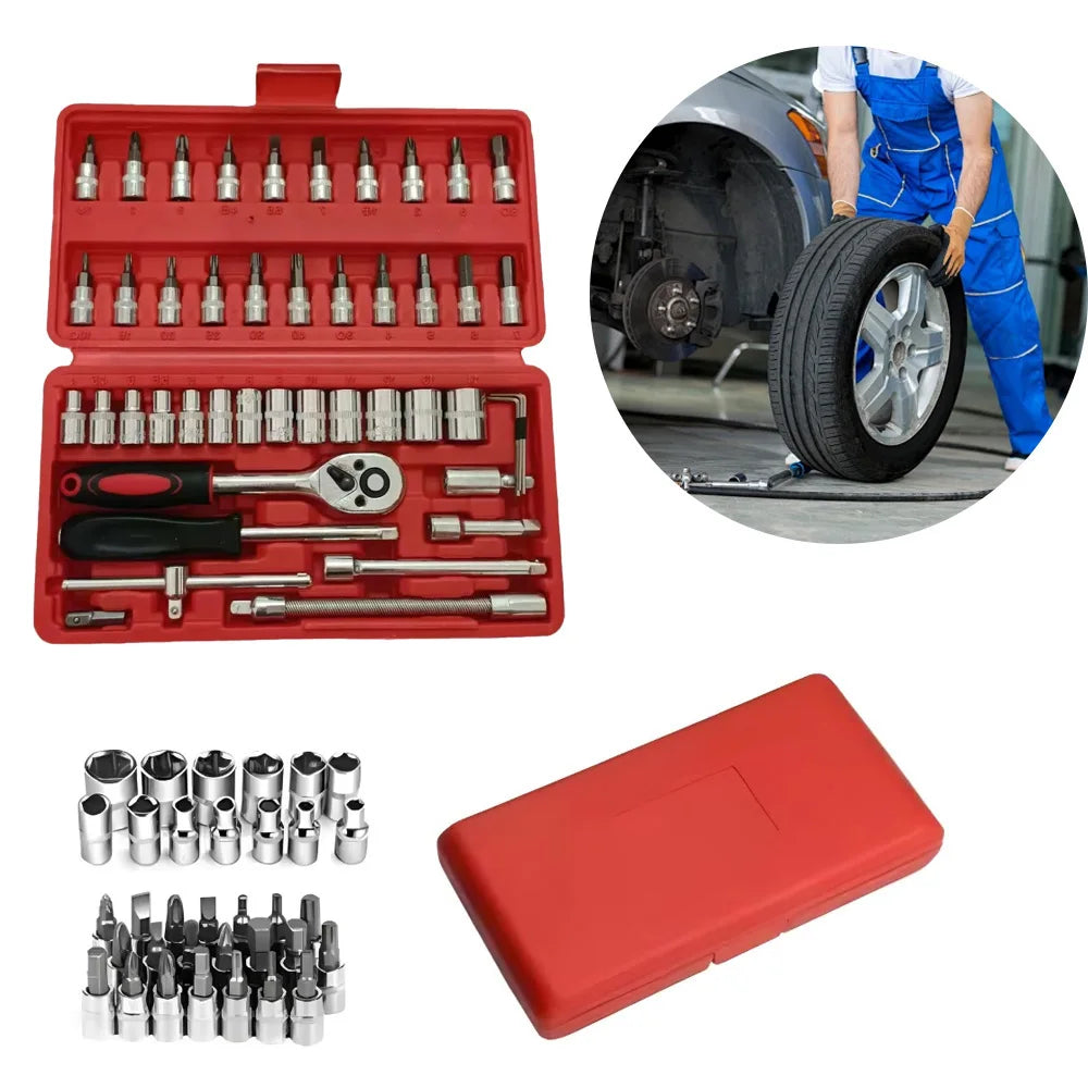 46pcs 1/4 Inch Drive Socket Set for Motor Ratchet Wrench Set Motorcycle Tool Kit, Bit Socket Wrench Set Metric Mechanic Tool Set