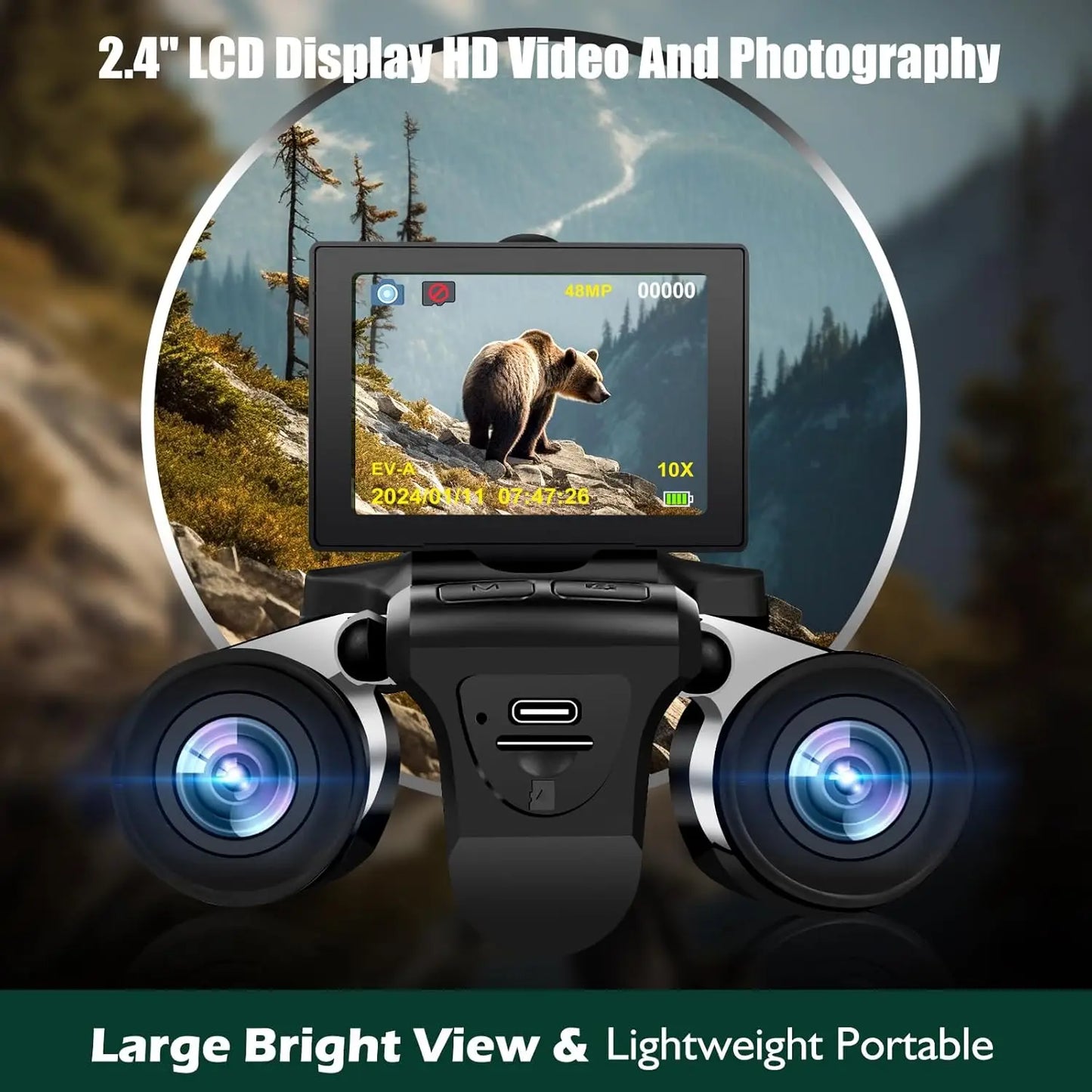 -HD Digital Binocular Telescope Camera, VCR Function, 2.4 "LCD Display Screen for Camping,