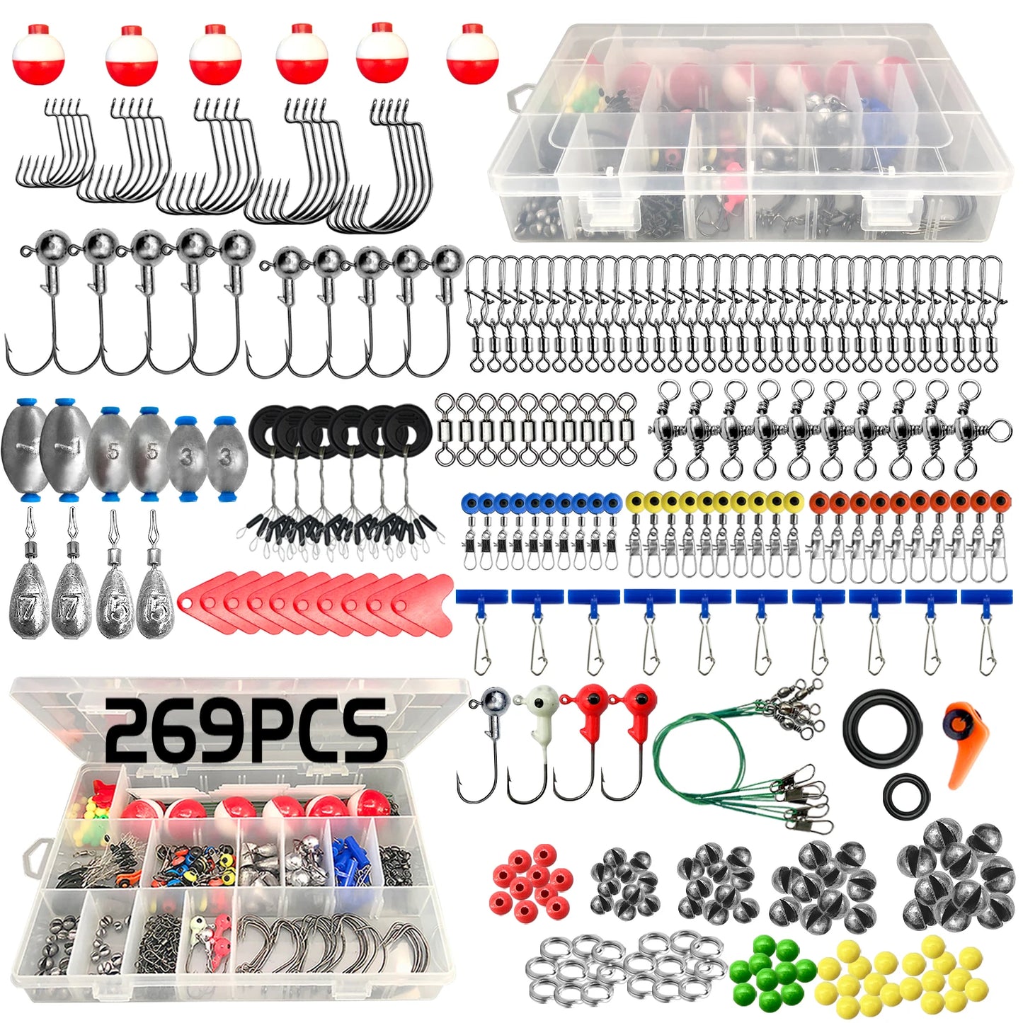 187/269pcs Fishing Accessories Kit Set - Including Tackle Box, Fish Hooks, Bait Parts, Sinkers