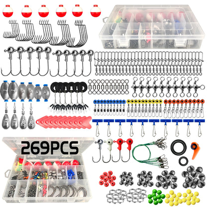 187/269pcs Fishing Accessories Kit Set - Including Tackle Box, Fish Hooks, Bait Parts, Sinkers