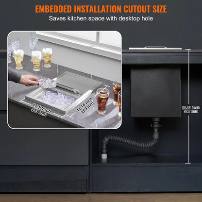 Drop in Ice Chest, 18"L x 12"W x 14.5"H Stainless Steel Ice Cooler,  with Sliding Cover, 40.9 qt Outdoor