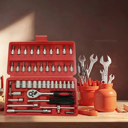 46pcs 1/4 Inch Drive Socket Set for Motor Ratchet Wrench Set Motorcycle Tool Kit, Bit Socket Wrench Set Metric Mechanic Tool Set