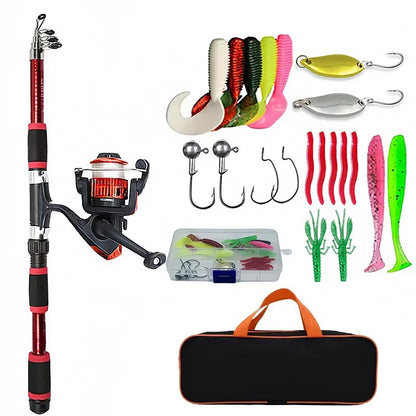 Fishing Pole Set Full Kits With Telescopic Fishing Rod And Spinning Reel Baits Hooks