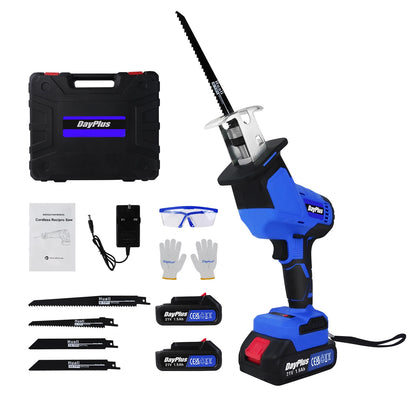 DayPlus Brushless Reciprocating Saw 21V Electric Cordless Reciprocating Saw Sabre Saw for Cut Wood With Battery & 4 Saw Blades