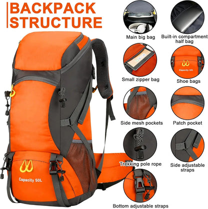 Waterproof 50L Lightweight Backpack with Rain Cover