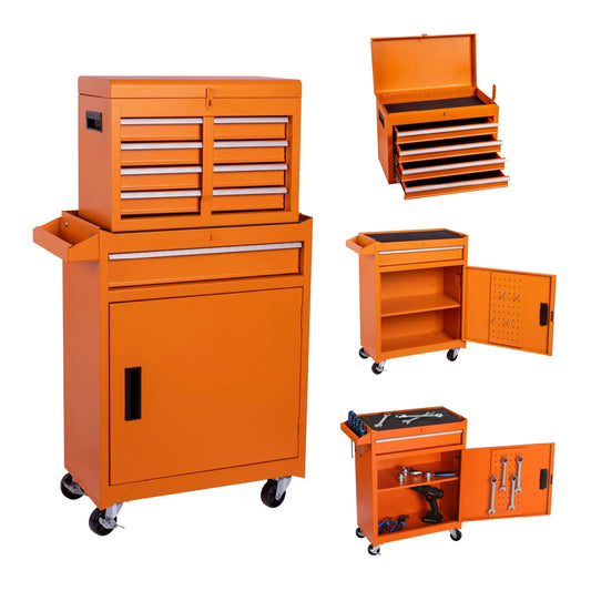 Tool Chest, 5-Drawer Rolling Tool Storage Cabinet with Detachable Top Tool Box, Liner, Universal Lockable Wheels, Adjustable She