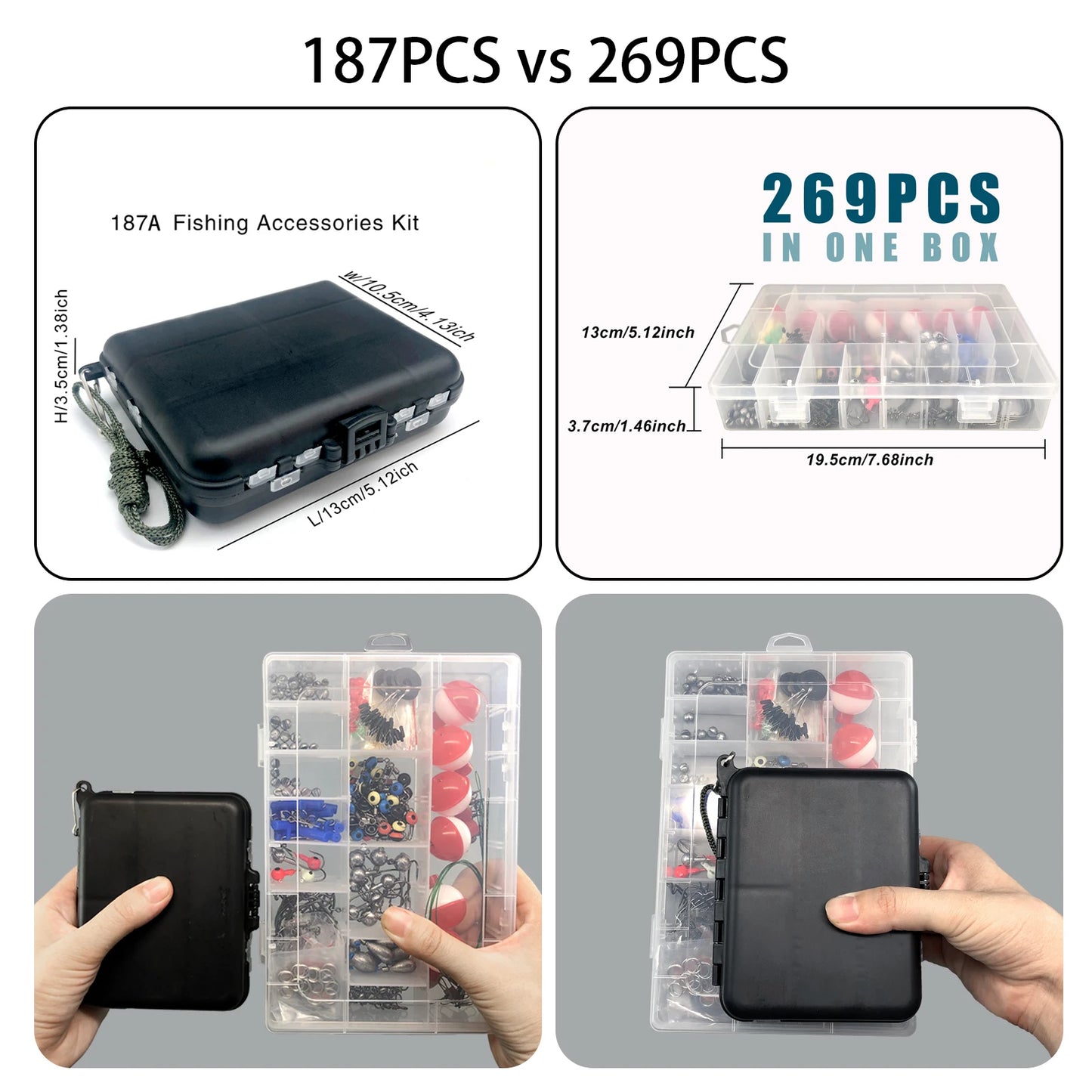 187/269pcs Fishing Accessories Kit Set - Including Tackle Box, Fish Hooks, Bait Parts, Sinkers