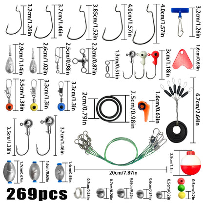 187/269pcs Fishing Accessories Kit Set - Including Tackle Box, Fish Hooks, Bait Parts, Sinkers