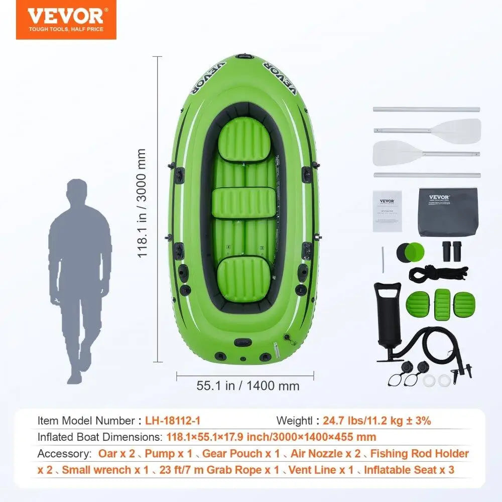 Inflatable Fishing Boat 3 Person Strong PVC Portable Raft Kayak Aluminum Oars Fishing