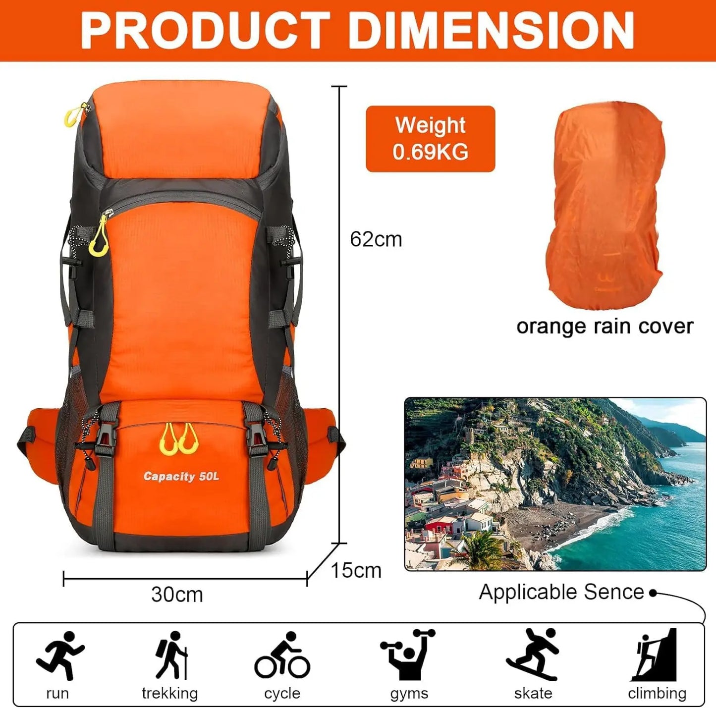 Waterproof 50L Lightweight Backpack with Rain Cover