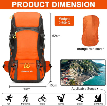 Waterproof 50L Lightweight Backpack with Rain Cover