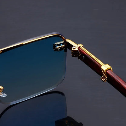 Women's Frameless Double Beam Fashion Sunglasses Golden Border Wood Grain Bracket for Male and Female Drivers Black Eyeglasses