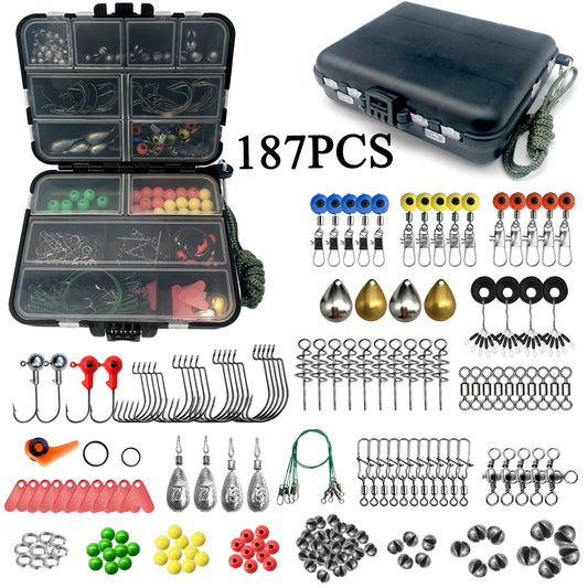 187/269pcs Fishing Accessories Kit Set - Including Tackle Box, Fish Hooks, Bait Parts, Sinkers