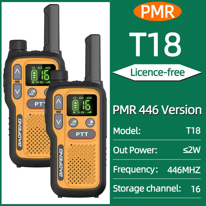 2PCS Baofeng BF-T18 Dual PTT Mini Walkie Talkie NOAA PMR FRS Flashlight Portable Long Range Support Type-C Two Way Ham Radio