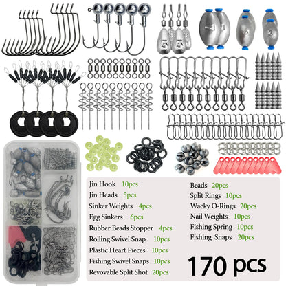 170-410pcs Professional Fishing Kit with Tackle Box,Hooks Sinkers Swivels for Bass Trout Saltwater Fish